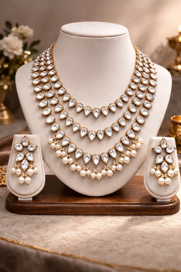 Viva_Jewels_Royal_Three-Tier_Kundan_Haram_Set_–_Gold-Plated_Layered_Teardrop_Necklace_with_Lustrous_Pearl_Drops_and_Matching_Floral_Earrings