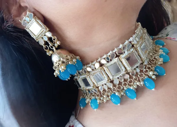 Viva_Jewels_Regal_Gold-Plated_Choker_Set_–_Traditional_Mirror-Work_(Mirror)_Necklace_with_Sky_Blue__Beads_and_Matching_Jhumka_Earrings