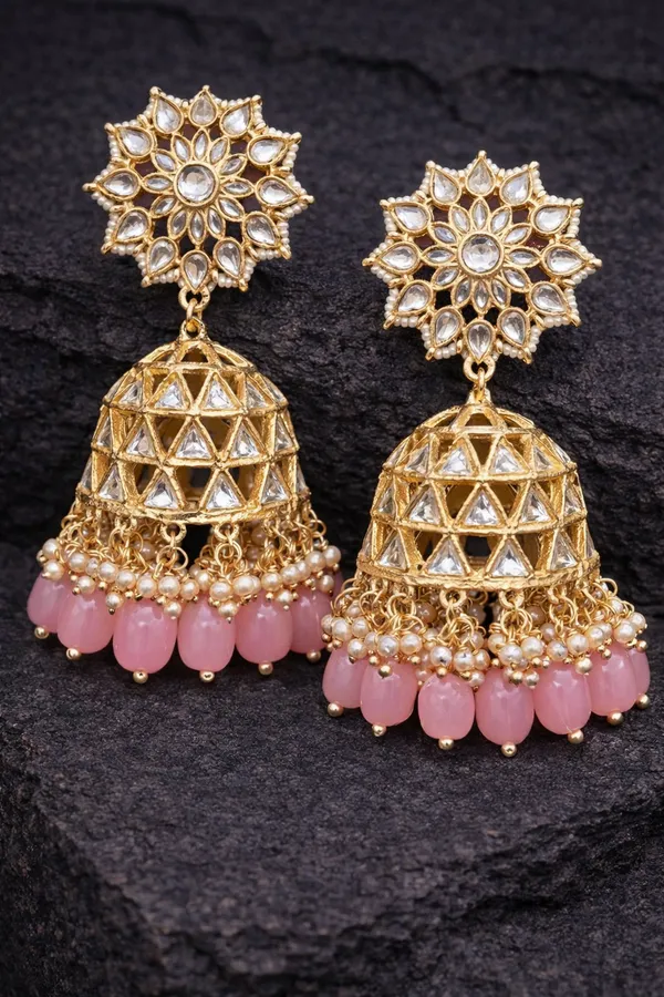 Viva_Jewels_Enchanted_Blush_Kundan_Jhumkas_–_Handcrafted_Gold-Plated_Floral_Studs_with_Geometric_Lattice_Dome_and_Pastel_Pink_Drop_Accents