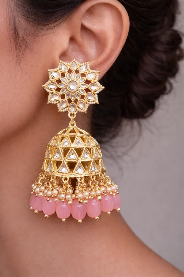 Viva_Jewels_Enchanted_Blush_Kundan_Jhumkas_–_Handcrafted_Gold-Plated_Floral_Studs_with_Geometric_Lattice_Dome_and_Pastel_Pink_Drop_Accents