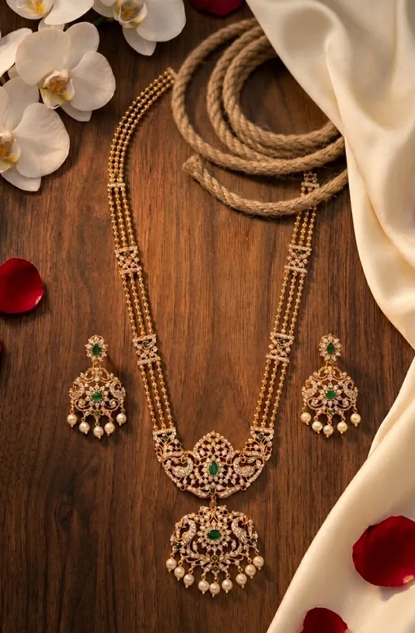 Viva_Jewels_Ethnic_Gold_Finish_Long_Temple_Haram_–_Antique_CZ_Studded_Jewelry_Set_with_Matching_Earrings_for_Weddings