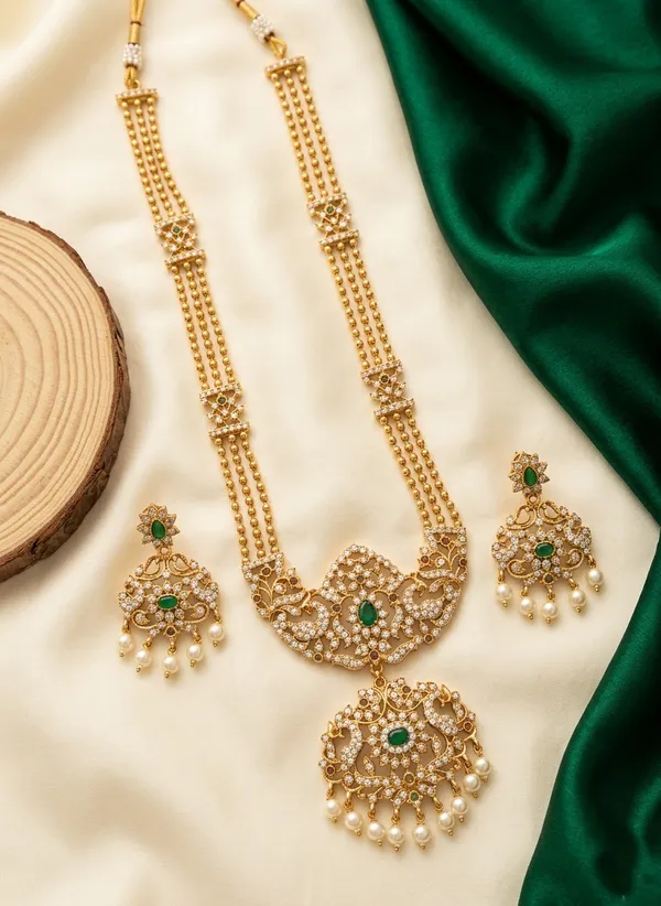 Viva_Jewels_Ethnic_Gold_Finish_Long_Temple_Haram_–_Antique_CZ_Studded_Jewelry_Set_with_Matching_Earrings_for_Weddings