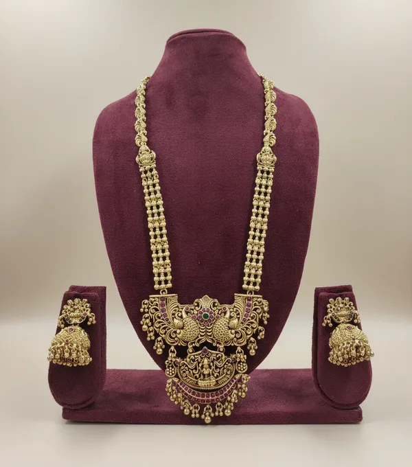 Viva_Jewels_Divine_Goddess_Lakshmi_Temple_Jewelry_Set_–_Antique_Gold-Plated_Long_Haram_Necklace_with_Intricate_Peacock_Motifs_and_Matching_Jhumka_Earrings