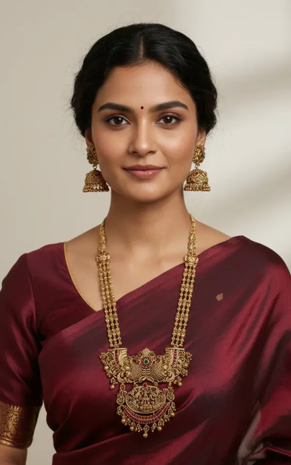 Viva_Jewels_Divine_Goddess_Lakshmi_Temple_Jewelry_Set_–_Antique_Gold-Plated_Long_Haram_Necklace_with_Intricate_Peacock_Motifs_and_Matching_Jhumka_Earrings