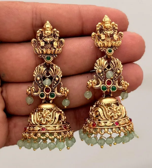 Viva_Jewels_Antique_Gold-Plated_Long_Temple_Jhumka_Earrings_–_Majestic_Goddess_Lakshmi_Motif_Tiered_Jhumkas_with_Floral_Carvings_and_Mint_Green_Bead_Droplets