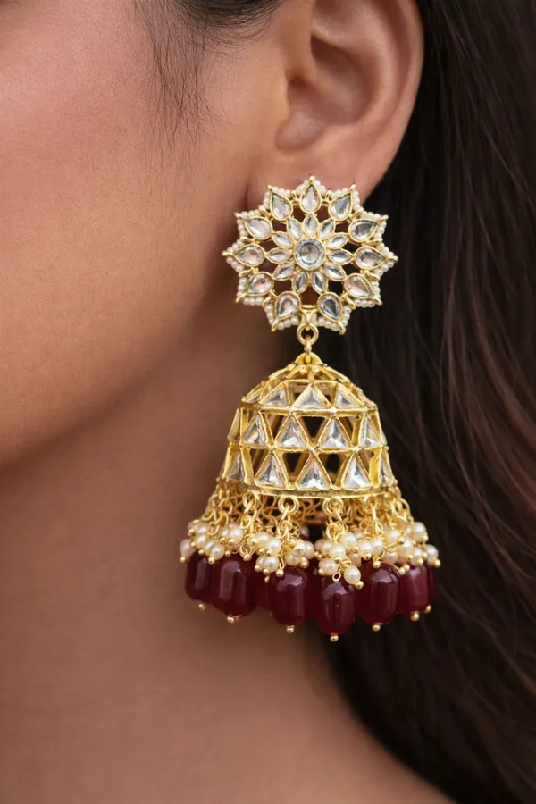 Viva_Jewels_Crimson_Heritage_Kundan_Jhumka_–_Gold-Plated_Polki_Earrings_with_Maroon_Bead_Fringe_and_Architectural_Lattice_Dome