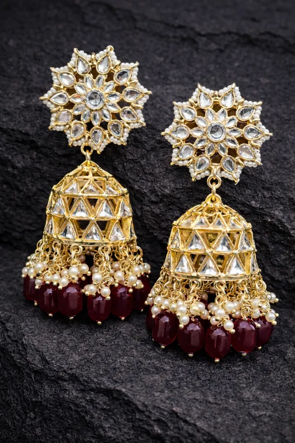 Viva_Jewels_Crimson_Heritage_Kundan_Jhumka_–_Gold-Plated_Polki_Earrings_with_Maroon_Bead_Fringe_and_Architectural_Lattice_Dome