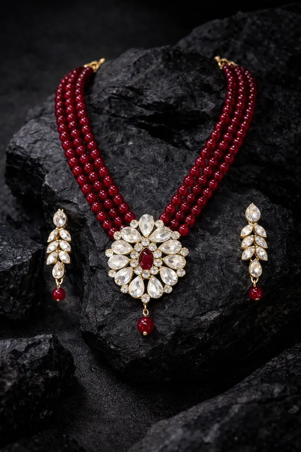 Viva_Jewels_Regal_Gold-Plated_Maroon_Royale_Pendant_Set_–_Multi-Strand_Beaded_Choker_with_Statement_Floral_Kundan_Centerpiece_and_Coordinating_Drop_Earrings