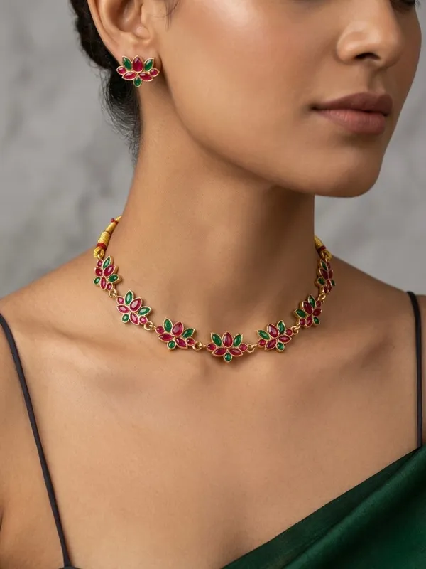 Viva_Jewels_Traditional_Gold-Plated_Multi-Color_Lotus_Motif_Necklace_Set_–_Vibrant_Ruby_&_Emerald-Green_Kemp_Style_Choker_with_Matching_Stud_Earrings