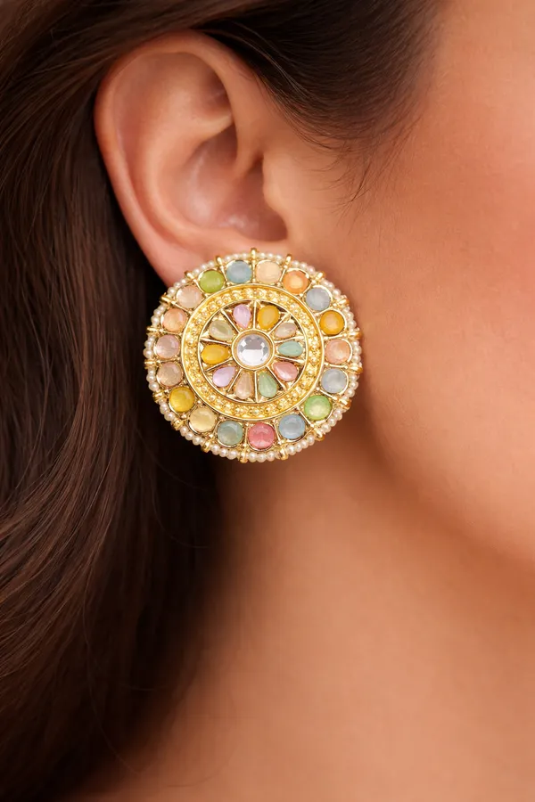 Viva_Jewels_Traditional_Navratna-Inspired_Multi-Color_Studs_–_Handcrafted_Gold-Plated_Circular_Ear_Studs_with_Radiant_Stone_Clusters_and_Micro-Pearl_Border