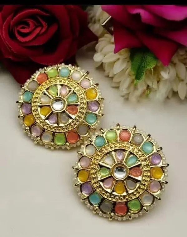 Viva_Jewels_Traditional_Navratna-Inspired_Multi-Color_Studs_–_Handcrafted_Gold-Plated_Circular_Ear_Studs_with_Radiant_Stone_Clusters_and_Micro-Pearl_Border