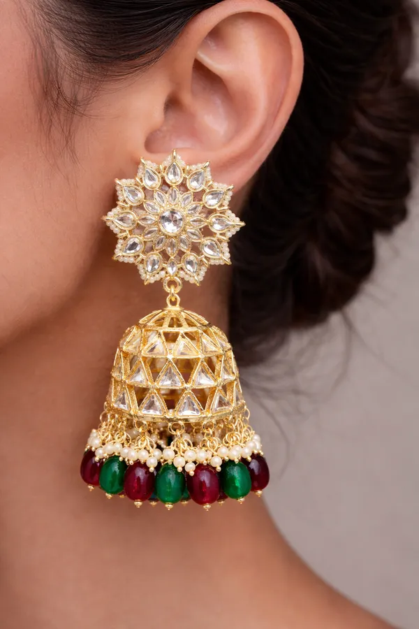 Viva_Jewels_Festive_Kaleidoscope_Kundan_Jhumka_–_Gold-Plated_Sunburst_Earrings_with_Emerald_&_Ruby_Bead_Fringe_and_Architectural_Lattice_Dome