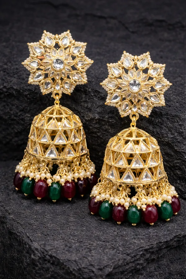 Viva_Jewels_Festive_Kaleidoscope_Kundan_Jhumka_–_Gold-Plated_Sunburst_Earrings_with_Emerald_&_Ruby_Bead_Fringe_and_Architectural_Lattice_Dome