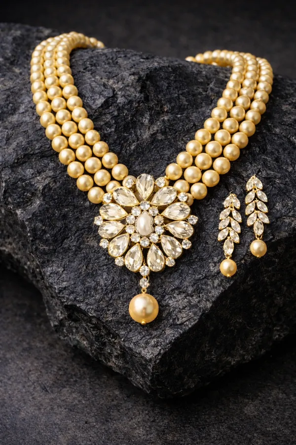 Viva_Jewels_Champagne_Radiance_Pearl_Necklace_Set_–_Triple-Strand_Golden_Pearl_Choker_with_Floral_Kundan_Pendant_and_Matching_Leaf-Motif_Drop_Earrings
