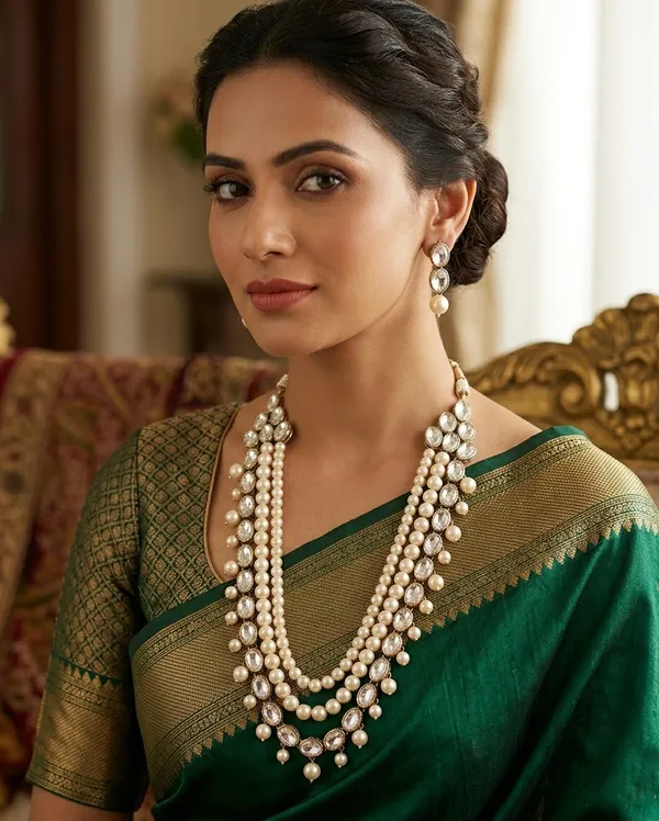 Viva_Jewels_Regal_Ivory_Rani_Haar_–_18K_Gold-Plated_Long_Triple-Strand_Pearl_Necklace_with_Cascading_Polki_Accents_and_Matching_Studs