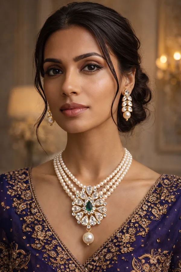 Viva_Jewels_Regal_Triple-Strand_Pearl_Statement_Necklace_Set_–_Elegant_Gold-Plated_Floral_Pendant_with_Emerald-Green_Accent,_Matching_Drop_Earrings,_and_High-Luster_Faux_Pearls