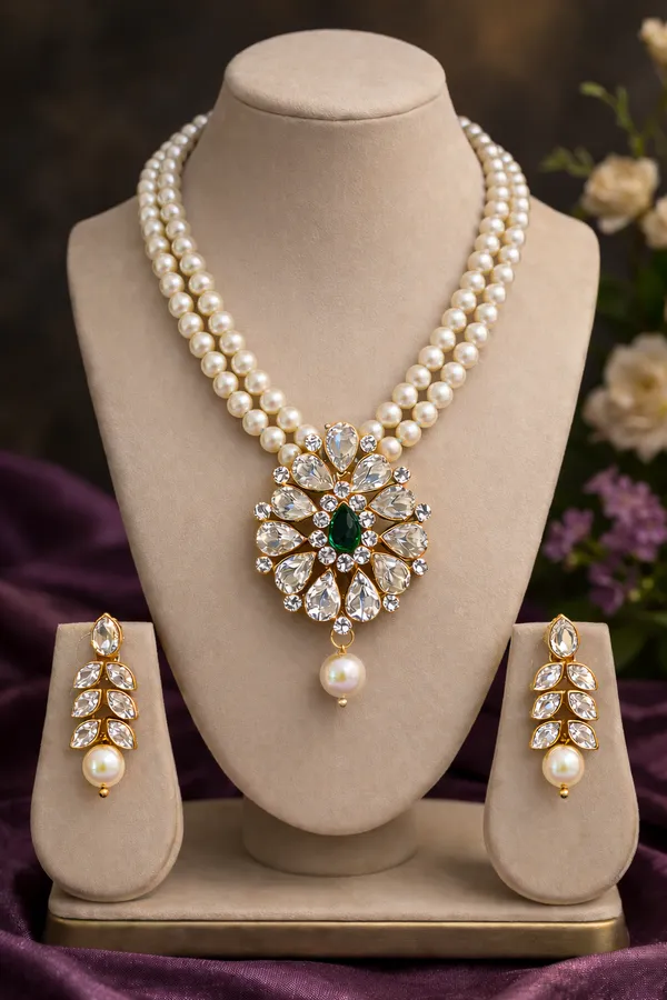 Viva_Jewels_Royal_2-Line_Pearl_Necklace_Set_|_Premium_Gold-Plated_Emerald_&_Crystal_Pendant_with_Matching_Drop_Earrings