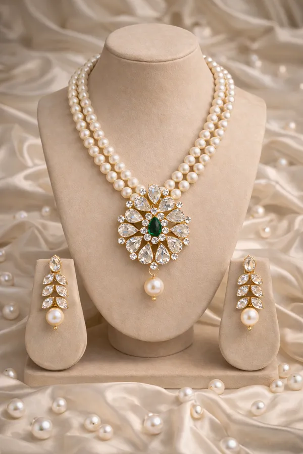 Viva_Jewels_Royal_2-Line_Pearl_Necklace_Set_|_Premium_Gold-Plated_Emerald_&_Crystal_Pendant_with_Matching_Drop_Earrings