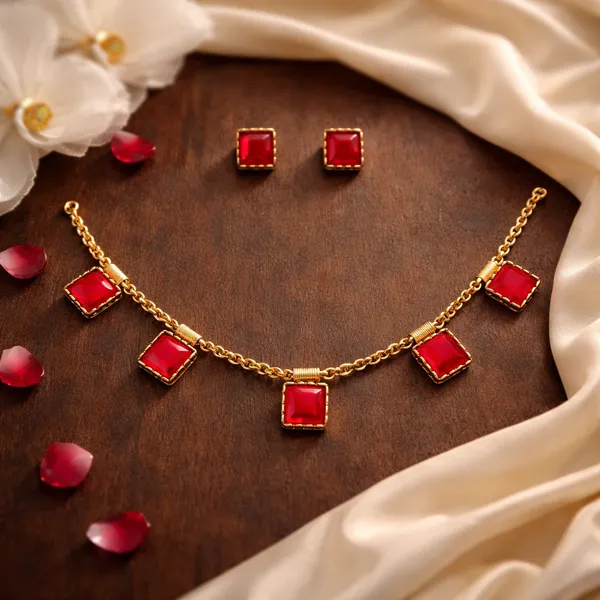Viva_Jewels_Modern_Gold-Plated_Ruby-Red_Geometric_Choker_Set_–_Contemporary_Square-Link_Necklace_with_Minimalist_Ruby_Stones_and_Matching_Studs