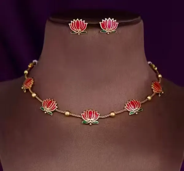 Viva_Jewels_Crimson_Lotus_Heritage_Choker_–_Gold-Plated_Meenakari_Necklace_with_Hand-Painted_Floral_Motifs_and_Matching_Stud_Earrings