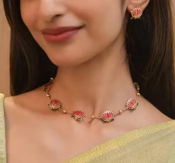Viva_Jewels_Crimson_Lotus_Heritage_Choker_–_Gold-Plated_Meenakari_Necklace_with_Hand-Painted_Floral_Motifs_and_Matching_Stud_Earrings