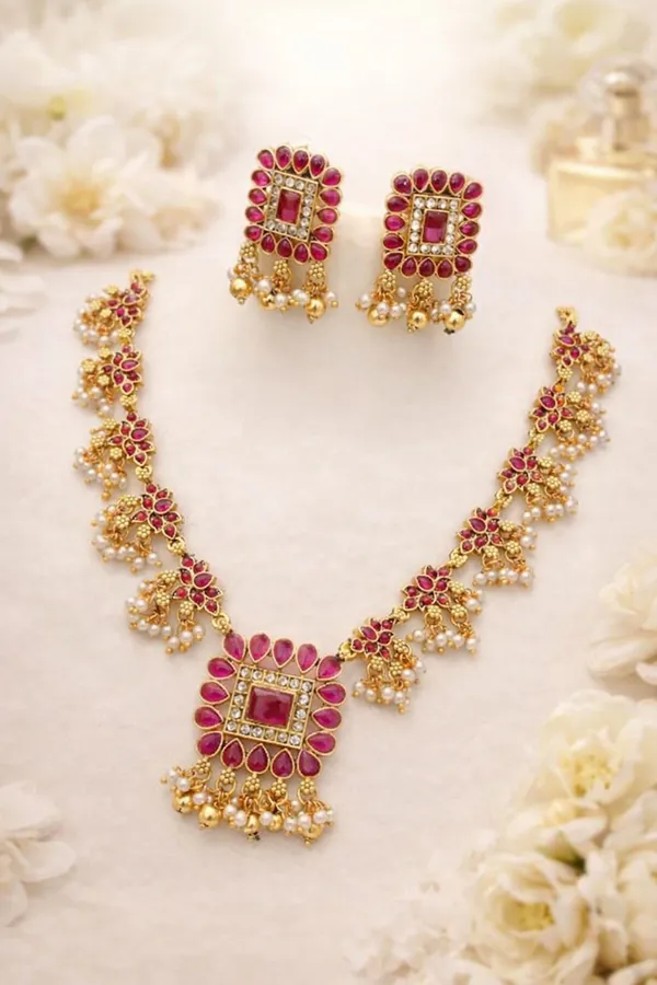 Viva_Jewels_Regal_Gold-Plated_Ruby-Red_Statement_Choker_Set_–_Classic_Floral_Cluster_Necklace_with_Guttapusalu_Pearl_Hangings_and_Matching_Square_Studs