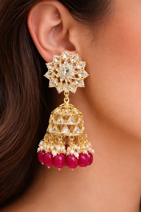 Viva_Jewels_Regal_Crimson_Kundan_Jhumkas_–_Handcrafted_Gold-Plated_Floral_Studs_with_Traditional_Dome_and_Deep_Red_Bead_Drops