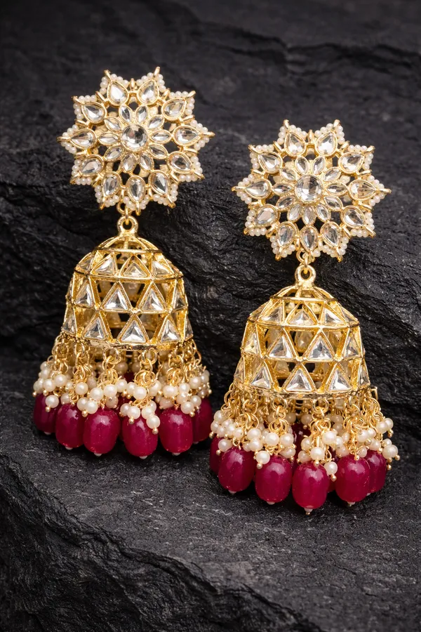 Viva_Jewels_Regal_Crimson_Kundan_Jhumkas_–_Handcrafted_Gold-Plated_Floral_Studs_with_Traditional_Dome_and_Deep_Red_Bead_Drops