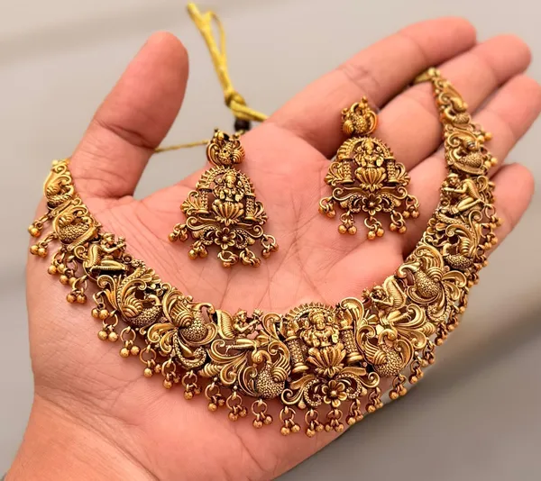 Viva_Jewels_Regal_Antique_Gold-Plated_Lakshmi_Temple_Choker_Set_–_Premium_Handcrafted_Necklace_with_Peacock_Motifs_and_Matching_Deity_Jhumkas