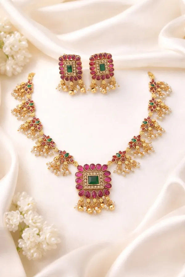 Viva_Jewels_Regal_Gold-Plated_Emerald_&_Ruby_Floral_Choker_Set_–_Traditional_Guttapusalu_Style_Necklace_with_Square_Green_Centerpiece_and_Pearl_Clusters