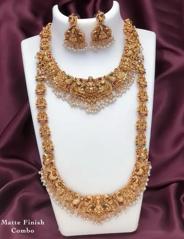 Viva_Jewels_Regal_Antique_Gold-Plated_Temple_Jewelry_Combo_Set_–_Divine_Lakshmi_&_Peacock_Motif_Long_Haram_and_Choker_Set_with_Matching_Jhumkas