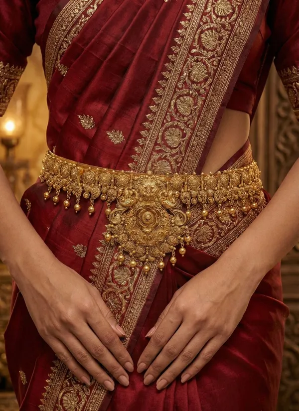 Viva_Jewels_Regal_3D_Rose-Motif_Temple_Hipbelt_|_Antique_Gold_Nakshi_Work_Kamarbandh_|_Handcrafted_Floral_Bridal_Vaddanam_with_Golden_Ghungroo_Drops
