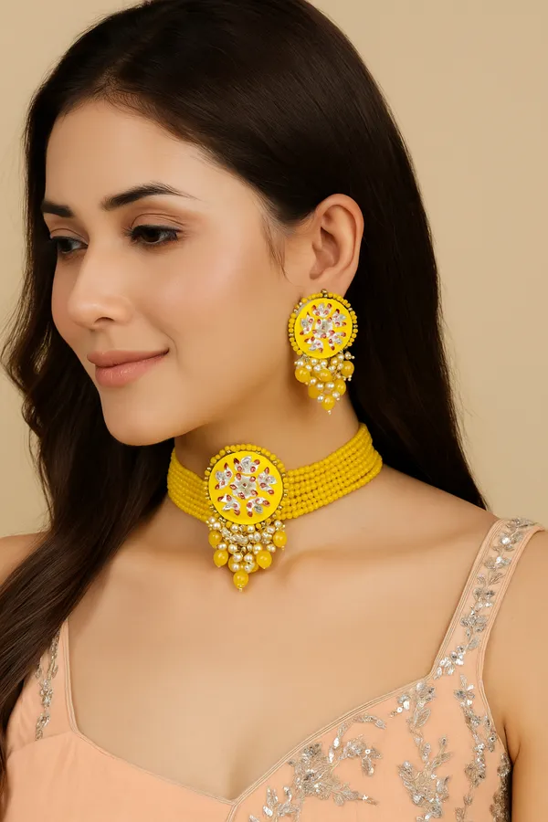 Viva_Jewels_Sun-Kissed_Canary_Choker_Set_–_Premium_Yellow_Hand-Painted_Enamel_Choker_with_Beaded_Strands_and_Coordinating_Floral_Earrings
