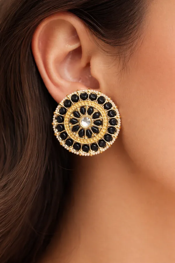 Viva_Jewels_Onyx-Black_Radiant_Sunburst_Studs_–_Gold-Plated_Circular_Statement_Earrings_with_Kundan_Center_and_Pearl_Border