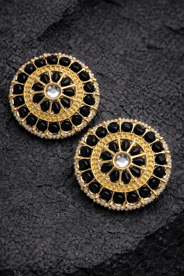 Viva_Jewels_Onyx-Black_Radiant_Sunburst_Studs_–_Gold-Plated_Circular_Statement_Earrings_with_Kundan_Center_and_Pearl_Border