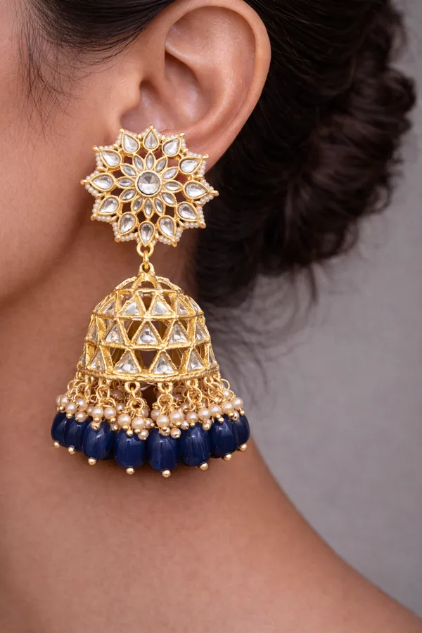 Viva_Jewels_Royal_Azure_Kundan_Jhumka_–_18K_Gold-Plated_Floral_Polki_Earrings_with_Navy_Blue_Bead_Fringe_and_Micro-Pearl_Detailing