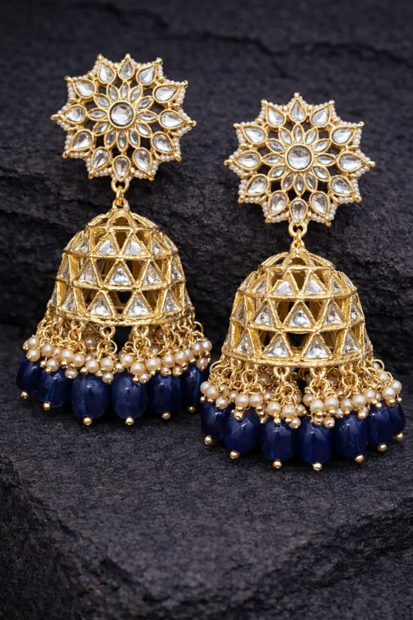 Viva_Jewels_Royal_Azure_Kundan_Jhumka_–_18K_Gold-Plated_Floral_Polki_Earrings_with_Navy_Blue_Bead_Fringe_and_Micro-Pearl_Detailing