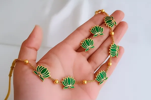 Viva_Jewels_Traditional_Green_Lotus_Meenakari_Choker_Set_–_Handcrafted_Enamel_Floral_Necklace_with_Golden_Bead_Accents_and_Matching_Stud_Earrings
