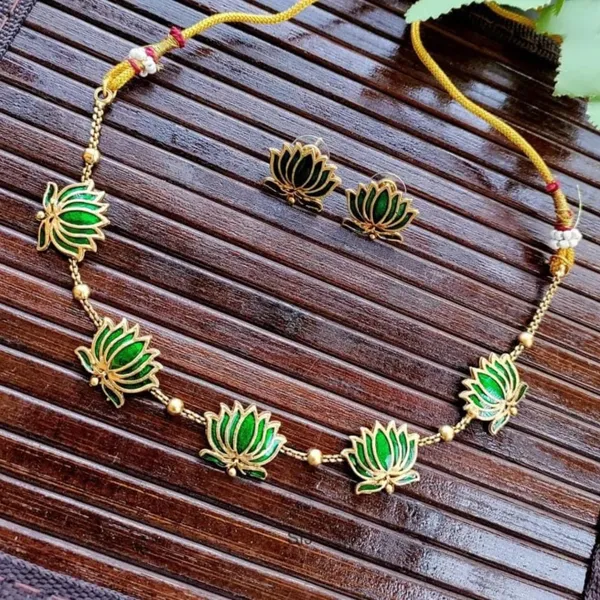 Viva_Jewels_Traditional_Green_Lotus_Meenakari_Choker_Set_–_Handcrafted_Enamel_Floral_Necklace_with_Golden_Bead_Accents_and_Matching_Stud_Earrings