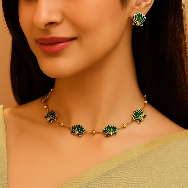 Viva_Jewels_Traditional_Green_Lotus_Meenakari_Choker_Set_–_Handcrafted_Enamel_Floral_Necklace_with_Golden_Bead_Accents_and_Matching_Stud_Earrings
