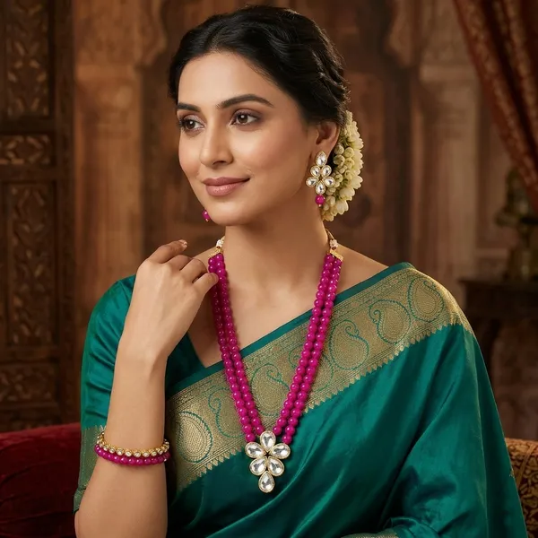 Viva_Jewels_Rani_Pink_&_Gold_Premium_Dual-Strand_Bead_Necklace_Set_–_Elegant_Brass_Choker_with_Crystal_Floral_Pendant_and_Matching_Studs