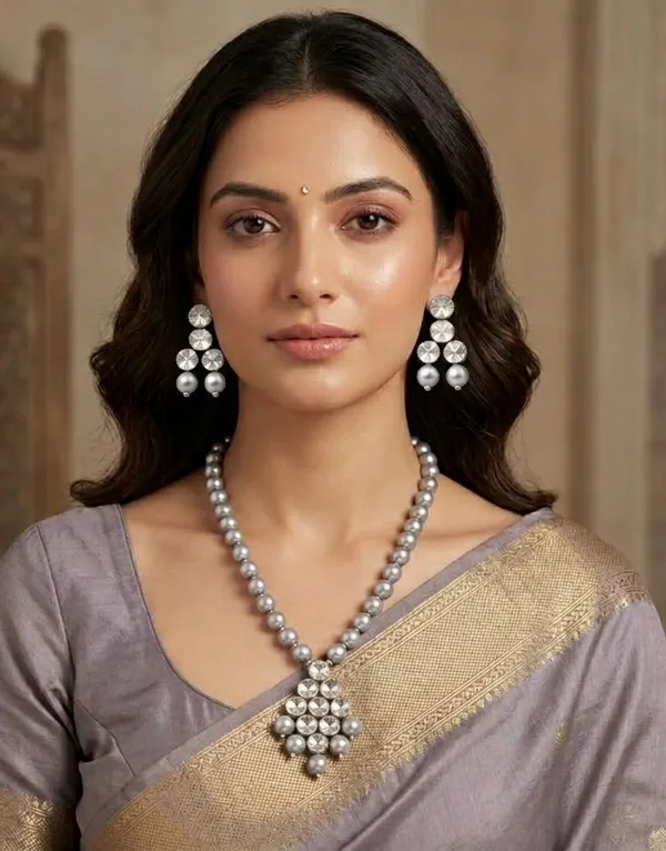Viva_Jewels_Regal_Silver-Grey_Pearl_Statement_Set_–_Handcrafted_Gold-Plated_Necklace_with_Intricate_Geometric_Kundan_Pendant_and_Cluster_Drop_Earrings