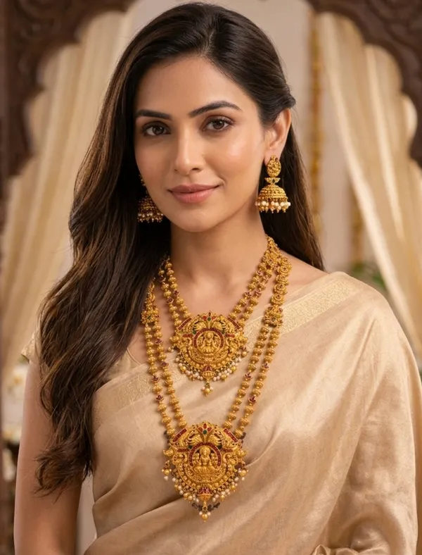 Viva_Jewels_Traditional_Antique_Gold-Matte_Temple_Jewelry_Set_–_Divine_Lakshmi_&_Peacock_Motif_Short_&_Long_Necklace_Combo_with_Matching_Jhumkas