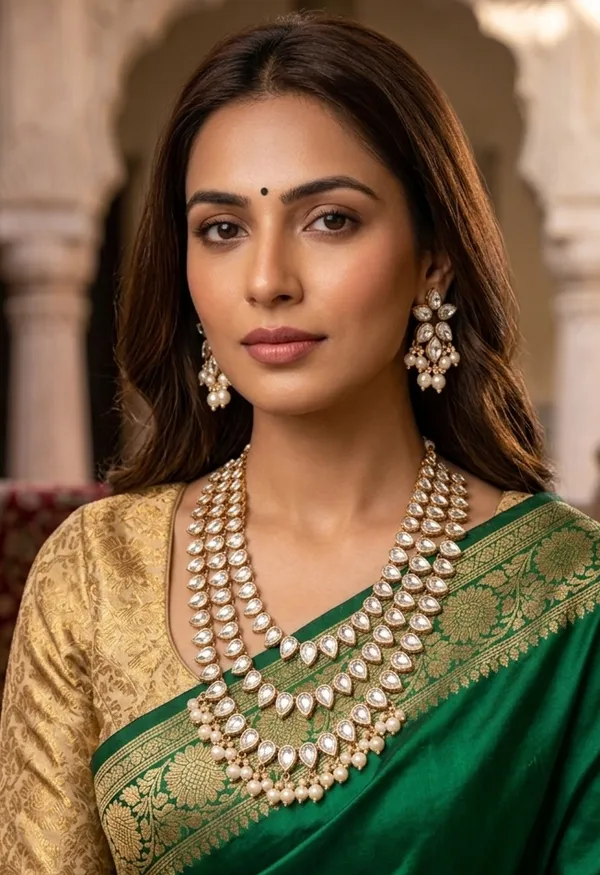 Viva_Jewels_Royal_Three-Tier_Kundan_Haram_Set_–_Gold-Plated_Layered_Teardrop_Necklace_with_Lustrous_Pearl_Drops_and_Matching_Floral_Earrings