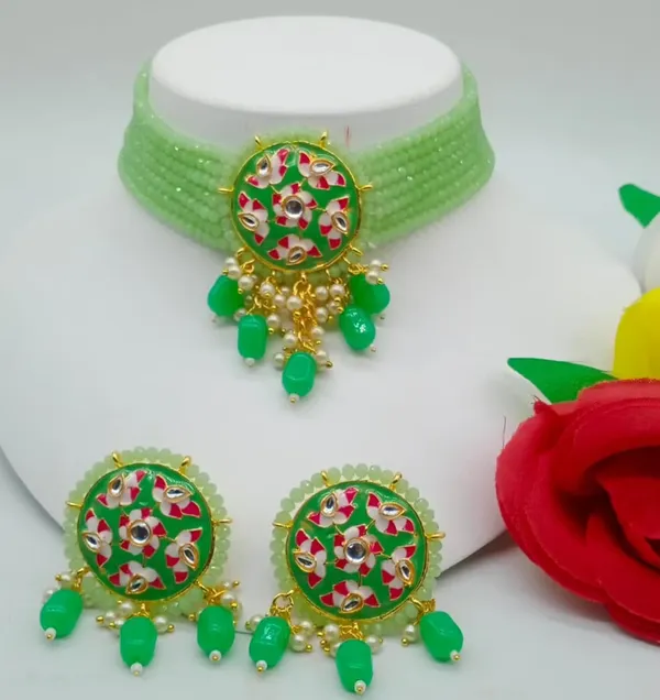 Viva_Jewels_Mint_Green_Meenakari_Choker_Set_–_Gold-Plated_Hand-Painted_Floral_Choker_with_Multi-Strand_Crystal_Beads_and_Matching_Statement_Earrings