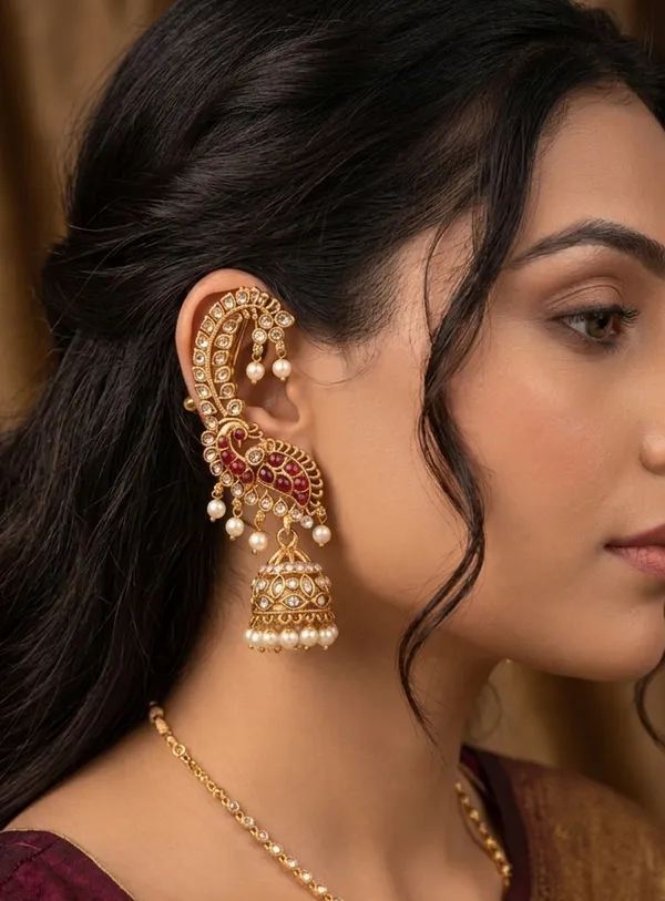 Viva_Jewels_Regal_Peacock_Motif_Jhumka_Earrings_with_Integrated_Ear-Cuffs_–_Premium_Gold-Plated_Temple_Jewelry_with_Ruby-Red_Accents_and_Pearl_Droplets