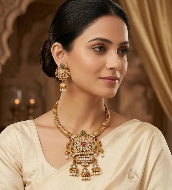 Viva_Jewels_Gold_Finish_Temple_Work_Hasli_Choker_–_Antique_Ethnic_Jewelry_Set_for_Weddings_&_Festive_Wear