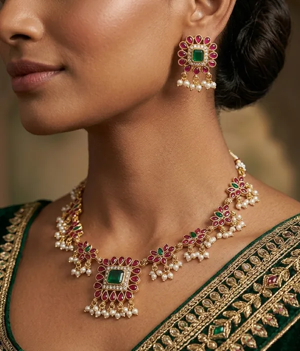 Viva_Jewels_Regal_Gold-Plated_Emerald_&_Ruby_Floral_Choker_Set_–_Traditional_Guttapusalu_Style_Necklace_with_Square_Green_Centerpiece_and_Pearl_Clusters