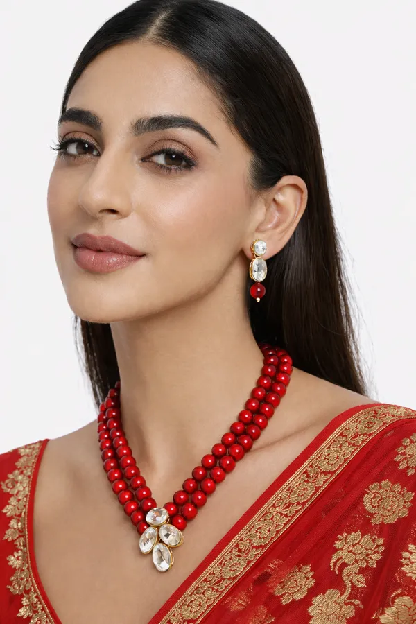Viva_Jewels_Regal_Crimson_Two-Layer_Pearl_Necklace_Set_–_Sophisticated_Gold-Plated_Red_Bead_Mala_with_Crystal_Floral_Pendant_and_Matching_Drop_Earrings