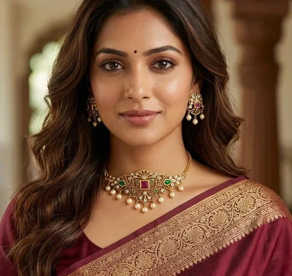 Royal_Antique-Finish_Mesh_Choker_Set_–_Traditional_Gold-Plated_Mesh_Necklace_with_Ruby_&_Emerald_Kemp_Accents_and_Pearl_Droplets